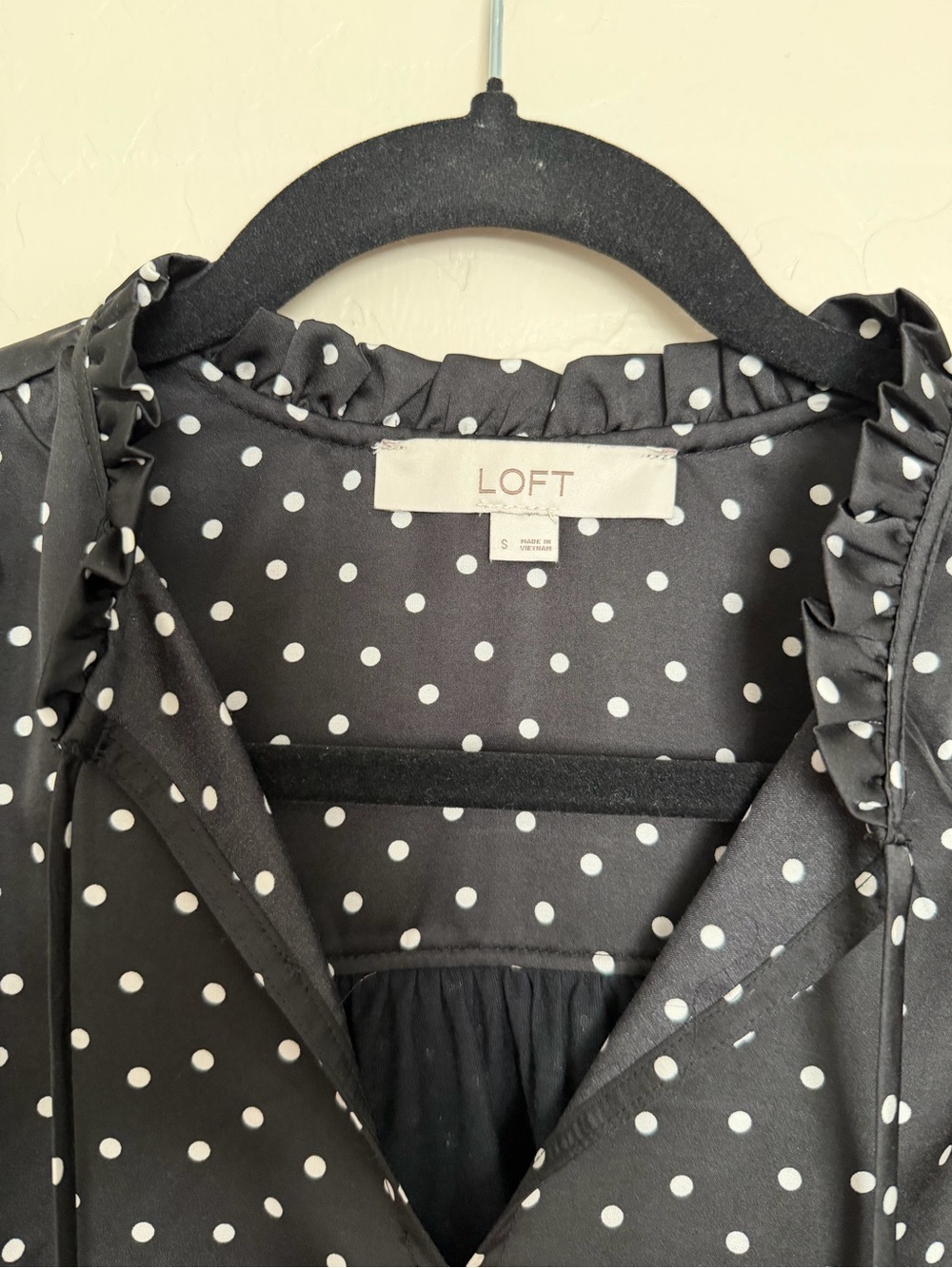 LOFT Black and White Polka Dot Ruffle-Neck Blouse - Picture 3 of 5